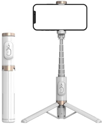 KOMI Selfie Stick Stativ - Ausziehbares Telefonstativ mit wiederaufladbarer drahtloser Fernbedienung All-in-one für Smartphones Kompatibel mit iPhone 15 14 pro max, Samsung, Android, iOS (Weiß)