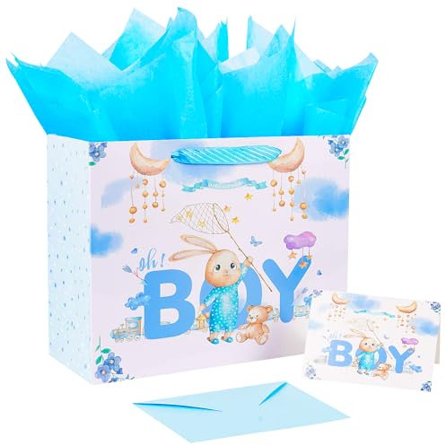 Jaywayang 32 cm große Geschenktüte für Jungen mit Seidenpapier und Grußkarte für Babyparty, Geburtstag, neue Eltern und mehr.