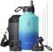Isolierte Wasserflasche 2L, Coolflask Wasserflasche mit Strohhalm & 3 Deckeln, Edelstahl Isolierte Wasserflasche für Sport oder Büro, Doppeltes Vakuum Auslaufsicher, Farbverlauf Blau
