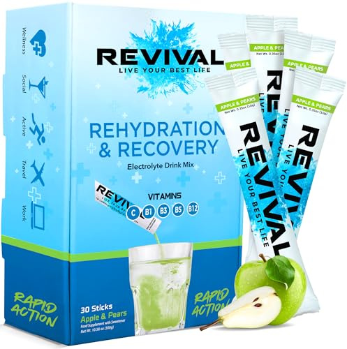 Revival Rapid Rehydration Sachets Electrolytes Powder High Strength Vitamin C, B1, B3, B5, B12 Supplement Sachet Energy Drink, Effervescent Electrolyte Hydration Tablets 30 Pack Apple Pear Flavours