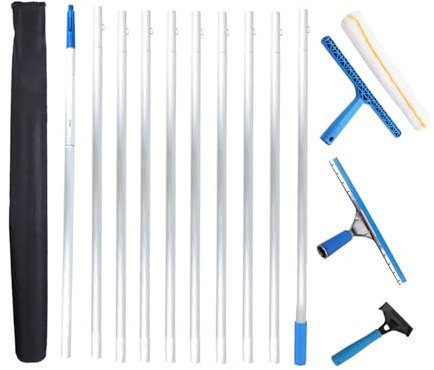 35 cmFensterabzieher als Kombi Set Fensterputzer mit Teleskopstie(10x1m) Duschabzieher für Glas Spiegel Duschabtrennung inklusive Mikrofaserpads streifenfreie Reinigung (10MXB)