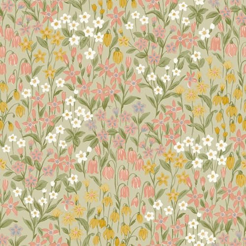 World of Wallpaper Bluebell Wood Floral Themed Wild Flowers Country Style Wallpaper for Living Room, Bedroom, Hallway, Feature Wall Sage Green/Coral/Ochre(203702)