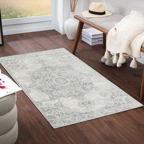 Livabliss Kuta Vintage groß - Orientalischer Wohnzimmer 80x150 cm, Esszimmer, Schlafzimmer - Boho Kurzflor e für einfache Pflege - Grau und Elfenbein