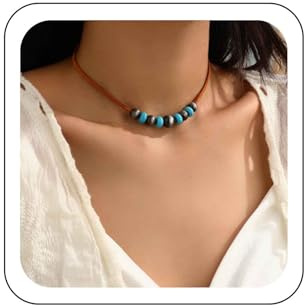 Wendalern Boho Runde Kugel Perlen Türkis Halskette Lederschnur Faux Perle Perlen Halskette Braun Wildleder Choker Halskette Ethnischen Mala Perlen Leder Halskette Hippie-Schmuck Für Frauen