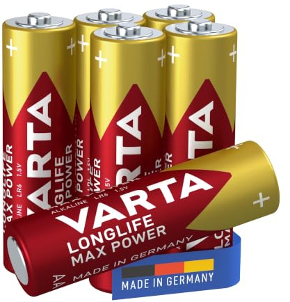 VARTA Piles AA, lot de 6, Longlife Max Power, Alcalines, 1,5V, emballage recyclé à 90%, adaptées aux appareils photo numériques, contrôleurs, Made in Germany