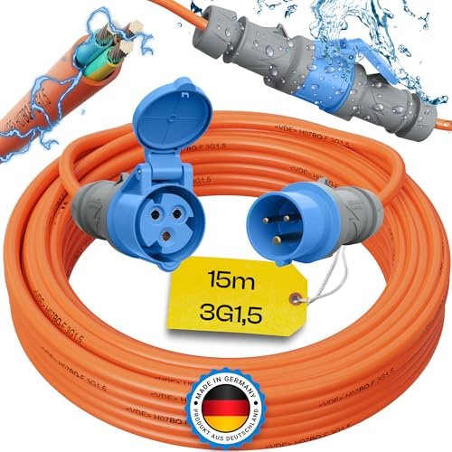 maxgo Camping Stromkabel 15m Wohnwagen Kabel Wohnmobil CEE Stecker Verlängerungskabel Orange 3x1,5 Campingkabel 15 Meter Strom Verlängerung H07BQ-F PUR Outdoor Mennekes