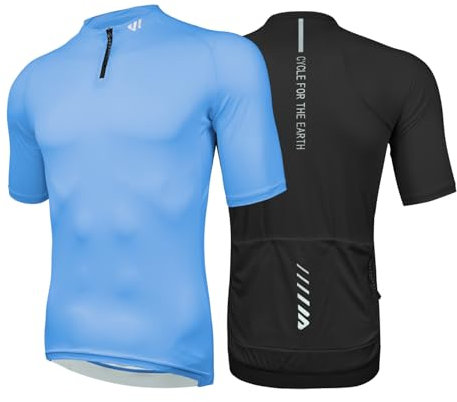 Wulibike Herren-Fahrradtrikot Kurzarm, Rennradtrikot mit halbem Reißverschluss und Taschen, Fahrradbekleidung atmungsaktiv und schnell trocknend 2er-Pack Schwarz+Blau L