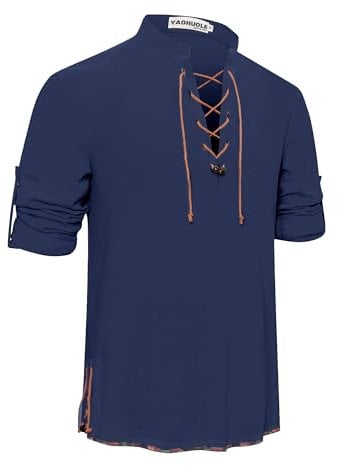 YAOHUOLE Linen Shirts for Men Smart Casual Long Sleeve Collarless Cozy Lace-up Shirts Plain Tops Cotton Classic Scottish Jacobite Ghillie Kilt Shirt Navy Blue L