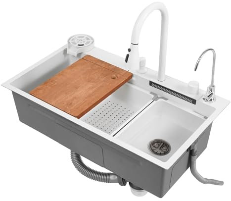 Fregadero de acero inoxidable con escurridor, tabla de cortar y lavadora de tazas, 80 cm, rectangular, para cocinas, restaurantes, hoteles, color blanco