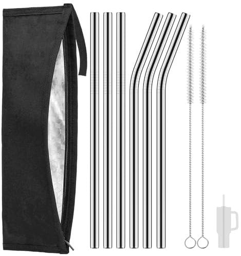 6pcs Replacement Metal Straw for Stanley Cup 30/40oz, 30.5cm/12inch Long Stainless Steel Straw with 1 Aluminum Foil Straw Pouch and 1 Brush for Stanley Adventure Quencher Travel Tumbler 887ml/1.18L