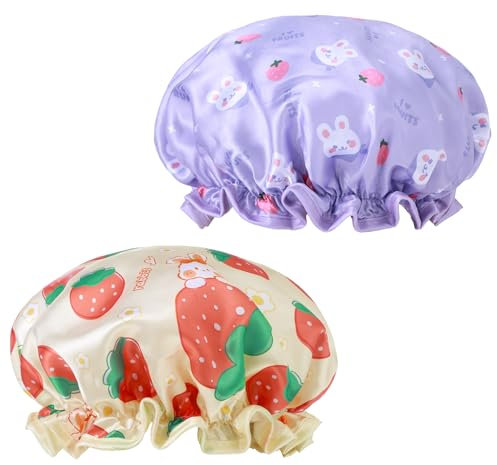 BOHUIZ 2 PCS Kids Shower Caps, Waterproof Double Layers Shower Caps Cute Rabbit Bonnets Elastic Band Bonnet Satin and Eva Soft Toddler Sleeping Cap Reusable Shower Cap for Kids(Purple + Yellow)