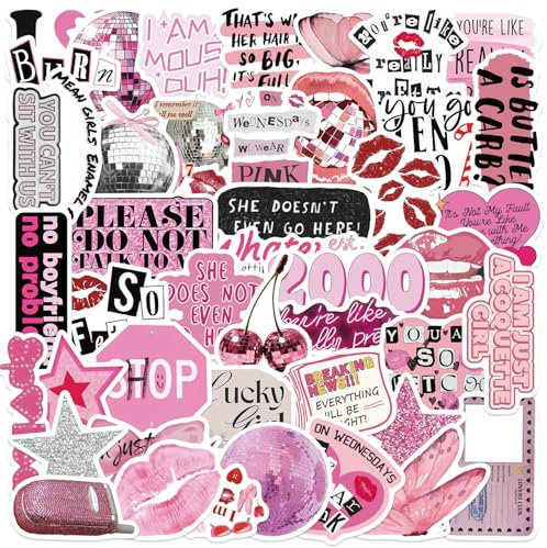 Pink Y2K Stickers 50 Pcs Waterproof Funny Cute Sticker for Laptop Skateboard Water Bottle Scrapbook Luggage Car Helmet Computer,Vinyl Vintage Aesthetic Cartoon Decals for Adults Girls Boys