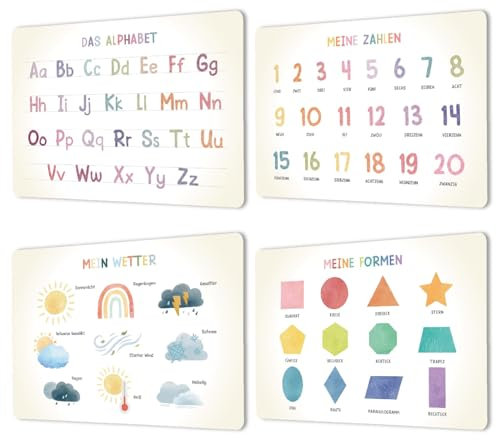 4er Set Lern Tischset Platzsets abwaschbar Kinder - ABC Alphabet Deutsch Zahlen - Platzdeckchen rutschfest Antirutsch - Wetterfest waschbar Plastik Lernen Tischsets aus Kunstleder - Buchstaben Mathe