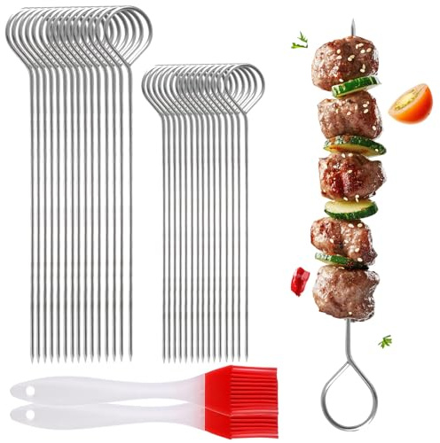 Brochettes en Acier Inoxydable, 30Pcs Brochettes pour Barbecue avec 2 Brosses en Silicone pour Camping Barbecue, Viande et Légumes
