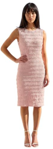 Roman Petite Ruffled Stretch Dress for Women UK - Ladies Everyday Holiday Spring Summer Round Neckline Comfy Soft Evening Vacation Work Party - Petite Light Pink - Size 14