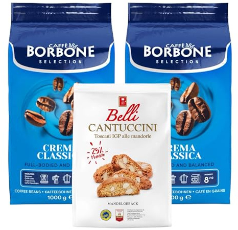 Caffè Borbone Kaffee Bohnen Set 2Kg Crema Classica Selection + Belli Cantuccini Mandelgebäck 250g | Ganze Kaffeebohnen mittlere Röstung intensiv