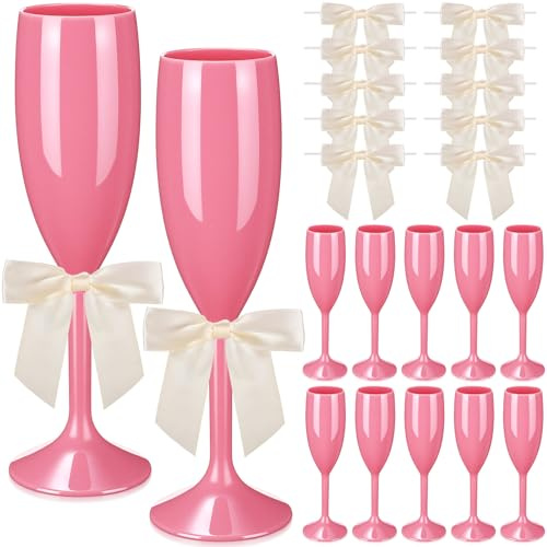 Zopeal 10 Pcs Plastic Champagne Flute Glasses 6 oz Wedding Toasting Flute Goblet with 50 Pcs Bow Decoration 3.5 Reusable Unbreakable Stemware Cups for Bachelorette Bridal Shower(Pink and Beige)
