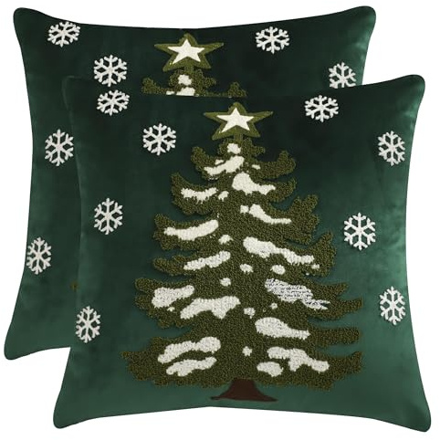 Tosleo 2er Set Winter Samt Kissenbezüge 45 x 45 cm Dekorative Grüner Zierkissenbezüge Weihnachtsbaum Weich Kissenbezug Weihnachten Deko Kissenhülle für Sofa Couch Schlafzimmer Wohnzimmer