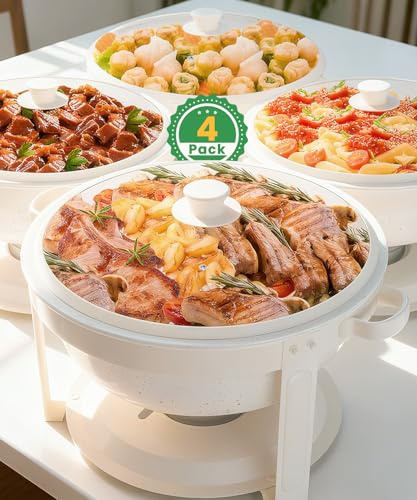 IMACONE Chafing Dishes for Buffet, 4 Pack 6QT White Chafing Dish Buffet Set, Maifanite-Coated Stainless Steel Chafer Set with Glass Lid, Rolled Edge Buffet Warmers for Parties, Weddings & Catering