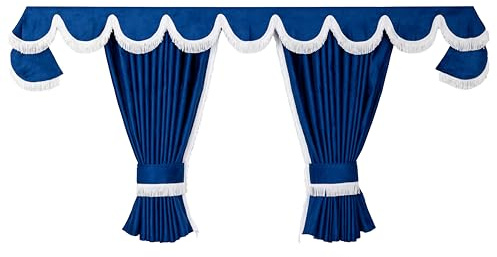 LKW Vorhänge passend für Volvo FH / FH4 / FH5 – 7-teiliges Gardinen-Set Blau-Weiß mit Fransen, Borde & Haken – Fahrerhaus Kabine Innenraum Deko