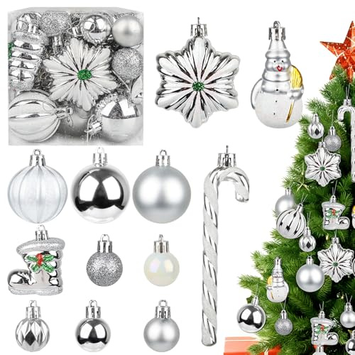 34 Stücke Weihnachtskugeln Set, Kunststoff Christbaumkugeln Silber Weihnachtsdeko Kugeln 13/8/6/3cm Weihnachtsbaumkugeln Bruchsichere Plastikkugel Christbaumschmuck Weihnachten Dekoration (Silber)