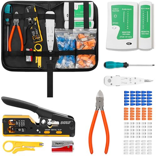 SGILE Crimpwerkzeug-Set RJ45, Werkzeug Paket für Cat5 Cat6 Cat7, Durchgangs-Abisolier und Schneidwerkzeug, Ethernet-Kabel-Wartungssets, Kabeltester, Cat5/6/7, 25 Stecker, für Computer-LAN-Kabel