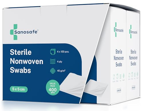 Sanosafe sterile Kompressen 5x5 cm 400 Stück | Vlieskompressen für Wundauflagen & Wundverband | Saugstark & fusselfrei für die Wundversorgung