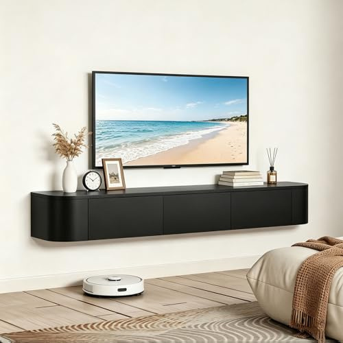 YLGJ&TIDY Floating TV Stand 140CM, Wall Mounted TV Cabinet, Modern Media Wall Floating TV Unit, Mounted TV Table with 2 Drawers & 1 Pull-Out Doors, TV Stands Cabinet for Living Room, Bedroom, Black