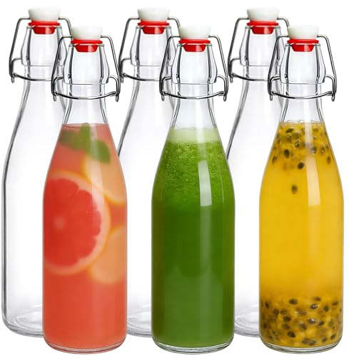 Glasflaschen 500ml mit Bügelverschluss zum Befüllen, 6 Stück Abfüllflaschen Glas, Saftflaschen zum Einkochen bis zu 120 °C, Bügelflaschen für Saft, Bier, Likör, Öl, Essig, Likörflaschen für Eierlikör