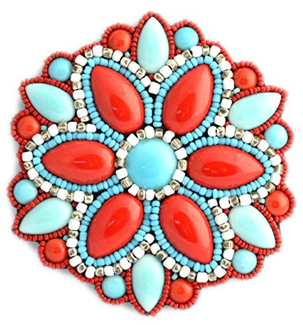 Brosche, groß, rund, Koralle, Türkis und Weiß, aus Porzellan und Glasperlen, Modeschmuck