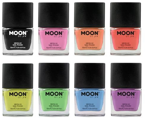 Neon UV Nail Polish by Moon Glow - Pastel Set of 8 - Bright Neon Nail Varnish - Glows under UV - 10ml