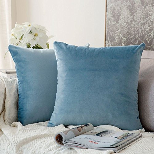 MIULEE 2er Set Samt Soft Solid Dekorative Quadrat Wurf Kissenbezüge Set Kissen Fall für Sofa Schlafzimmer Auto Hellblau 16x16 Zoll 40x40 cm