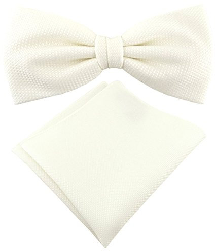 TigerTie Designer Fliege Pique in creme gemustert, vorgebundene Schleife 100% Baumwolle + Einstecktuch + Fliegenaufbewahrungsbox