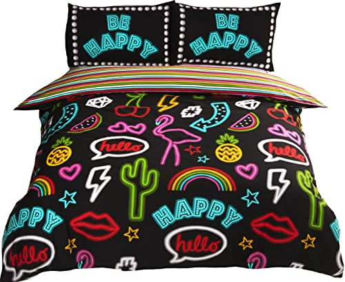Rapport Art Funky Neon Wende-Bettwäsche-Set, gestreift, Polycotton, Schwarz, King Size