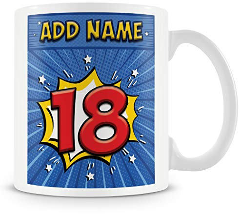 18th Birthday Gift for Men - Personalised Mug/Cup - Add Name - Comic Style Design - Blue