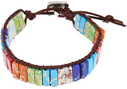 OTOTEC Chakra-Armband, 7 Farben, handgefertigt, natürliche Chakra-Steine, Perlen-Armband, echtes Lederseil, handgefertigt, 23 cm, Metall Stein Leder