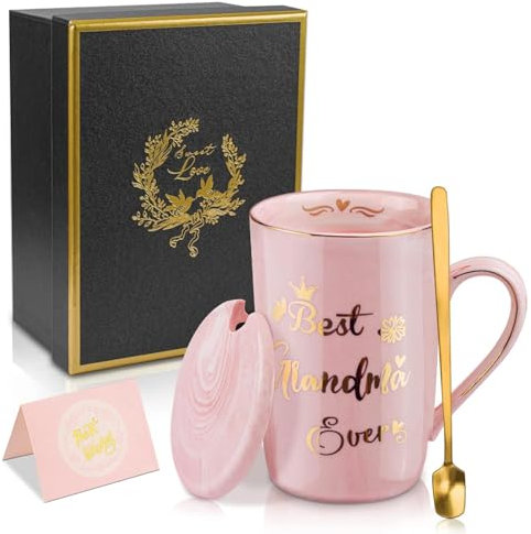 Doublewhale Grandma Gifts, Grandma Birthday Gifts for Nana, Nan, Granny, Gran Gift, 14OZ Pink Ceramic Coffee Mug Gift from Granddaughter Grandson with Spoon Lid Card, Nice Box