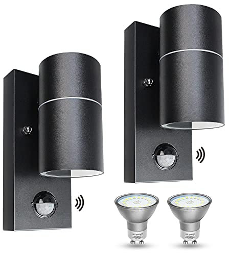 Wondlumi Aussenlampe mit Bewegungsmelder Set GU10 LED Wandlampe Anthrazit IP44 Aussenleuchten 230V inkl.2x5W Warmweiß Glühbirne