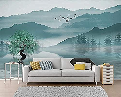 Wallpaper 3D Photo Wallpaper Blue Mountain Landscape Boat Bird of Abstract Chinese Style Mural Living Room Kitchen Bedroom Wall 3D Wallpaper Paste Living Room The Wall for Bedroom Mural-200cm×140cm