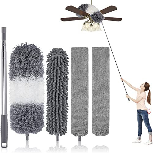 Plumeros para limpieza, limpiador de polvo retráctil de microfibra con poste de extensión de 30 a 100 pulgadas, kit de plumero reutilizable y flexible de mango largo para limpiar ventiladores de techo
