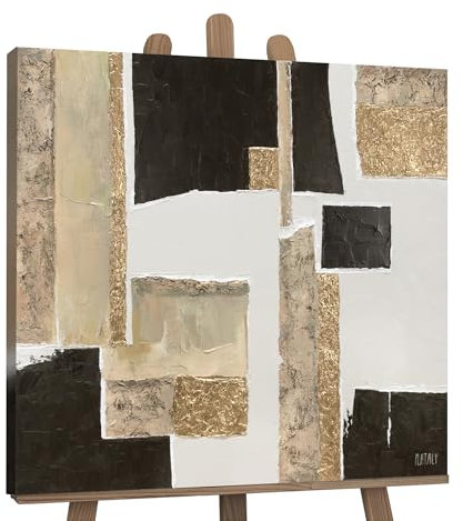 YS-Art Abstrakt Acryl Gemälde auf Leinwand Charakter handgemalt Wandbilder Wohnzimmer modern Wohndekor Bild schwarz weiß gold quadratisch echte Kunst 100x100 cm