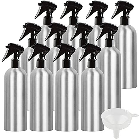 ZEOABSY 12 Stück 500ml Leere Aluminium Sprühflasche mit Schwarz Sprüher, Wassersprüher Zerstäuber für Haushalt Blumensprüher Pflanzen Garten Kosmetik Küche Reinigung Friseur + 1 x Trichter