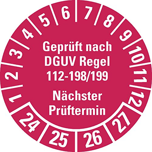 Aufkleber I Prüfplakette Geprüft nach DGUV 112-198/199 24-27, rot, Ø 30mm, 18/Bogen, DGUV