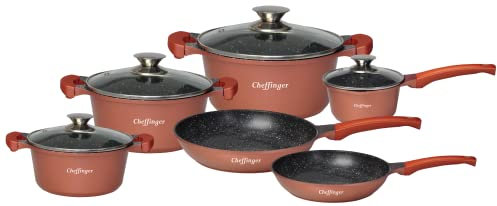 10-Teilig Kochgeschirr-Set Topf Induktion Alu Guss Pfanne Topfset Kochtopfset Marmor Copper
