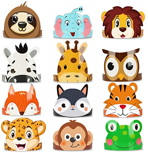 chiazllta 12 Pieces Jungle Safari Hats Wild Birthday Paper Crowns Zoo Animal Party Headbands for Kids, Jungle Photo Booth Props Favor Supplies Decorations