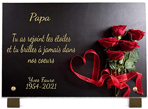 PHENIX | Plaque Funéraire Cœur, Plaque Funéraire Rose Personnalisable en Pierre (18x12 cm) - Plaque mortuaire personnalisée - Texte 100% Personnalisable - Résistante aux Intempéries - Roses & Cœur