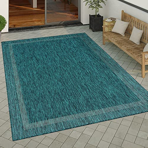Paco Home Outdoor Teppich wetterfest & pflegeleicht Flachgewebe in Sisal-Optik mit Bordüre UV-beständig Modern für Balkon, Terrasse, Garten, Wohnzimmer, Grösse:200 cm Quadrat, Farbe:Türkis