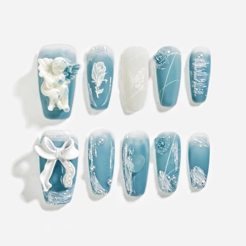 Sun&Beam Nails Handmade Press On Nail Coffin Ballerina 3D Accessories Blue Acrylic Fake Tip Design Art Charms Cute with Storage Box 10 Pcs (L)