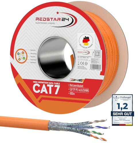RedStar24 CAT 7 Cable Ethernet 100m - Cable de Red CAT7 LAN, Cobre, Cable de Datos CAT.7 Gigabit S/FTP, Categoría 7, Libre de Halógenos, PIMF, PoE, 10Gbit, Conexión de Red, Bobina 100 Metros