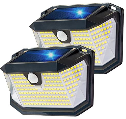 Luz Solar Exterior,Luz Solar Exterior Con Sensor De Movimiento 202LED 3Modos 270° Iluminación,Luz de Pared Solar Impermeable IP65 para Puerta Delantera, Patio, Garaje, Valla de Jardín (Paquete de 2)